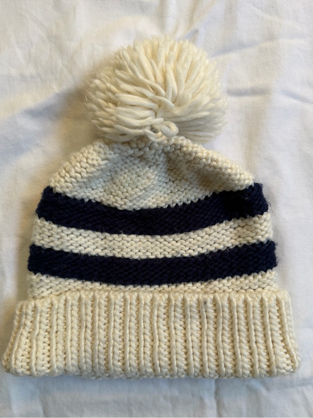 Anthropologie Cream and Navy Striped Pom Beanie